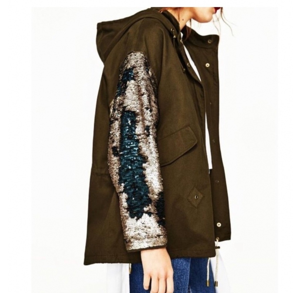 Zara Trafaluc Olive Green Sequin Sleeve Utility Parka Jacket XS Military Glam